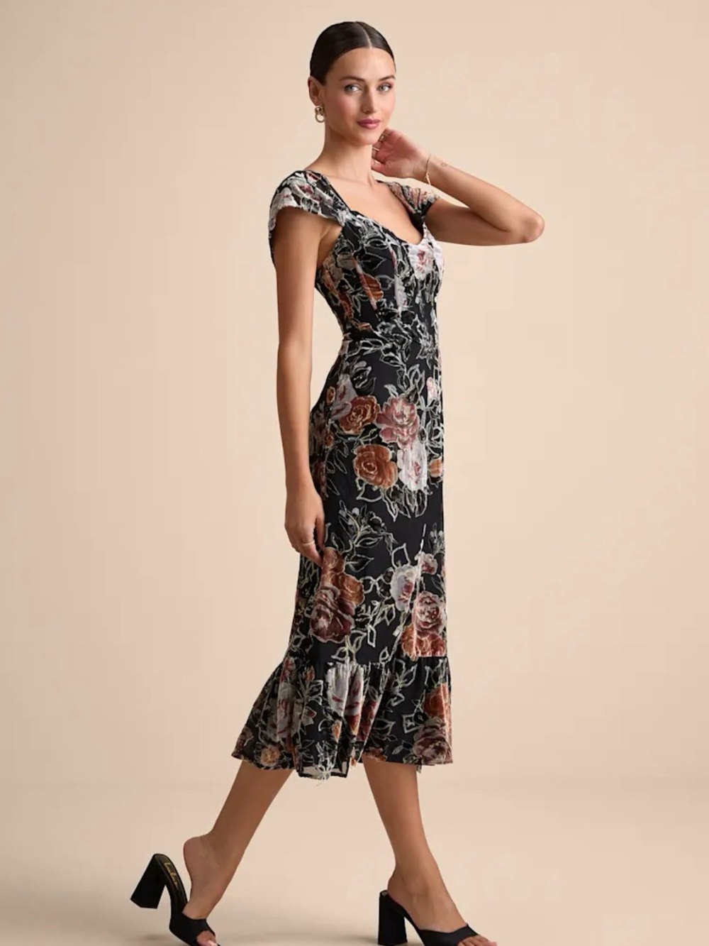 Lulu's Black Floral Midi Dress with Cap Sleeves